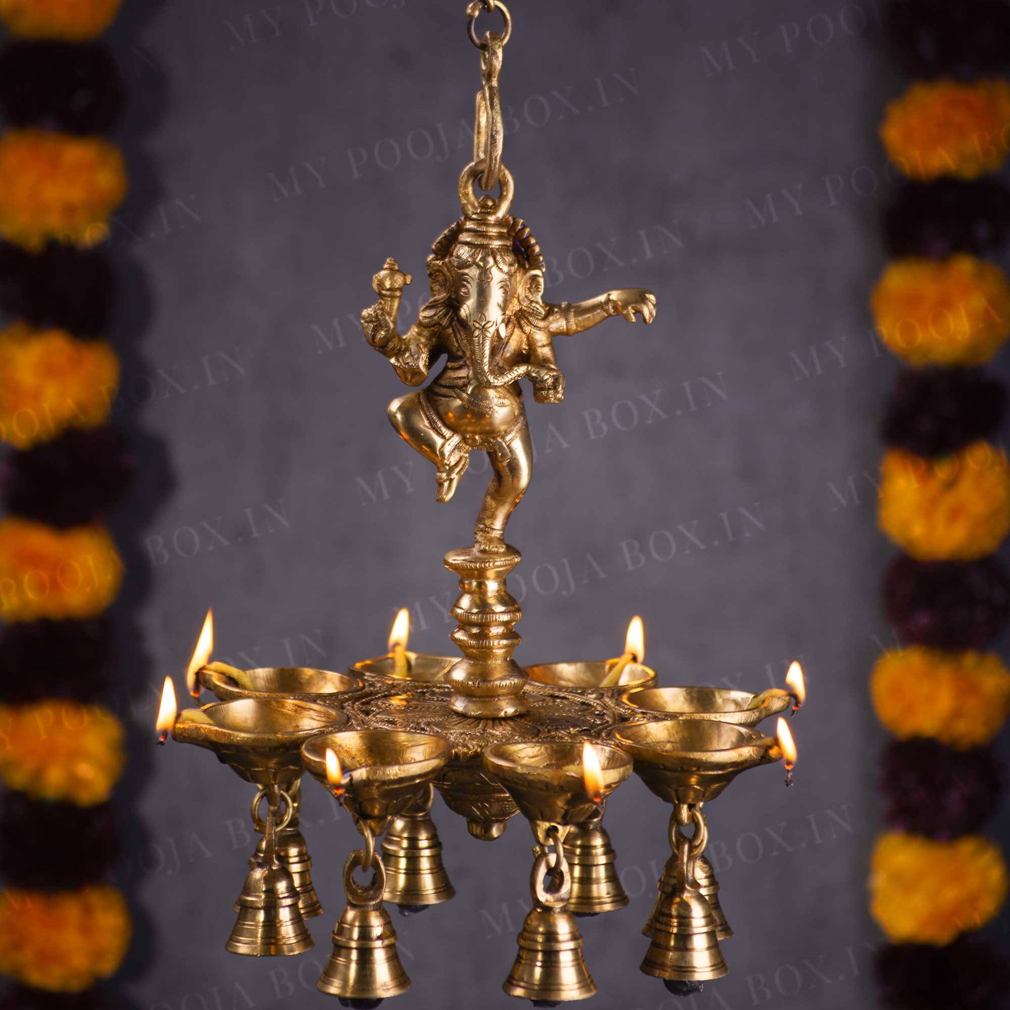 Dancing Ganesha Over Ethnic Stand Five Oil Wick Brass Diya, Indian Dec–  PAAIE