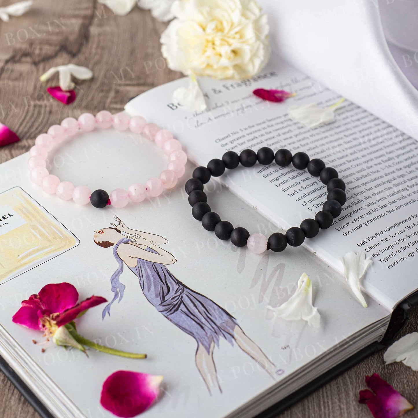 Buy Rose Quartz & Black Onyx Bracelet ( Set of 2 )⎮Couple Bracelet Online  in India - Mypoojabox.in